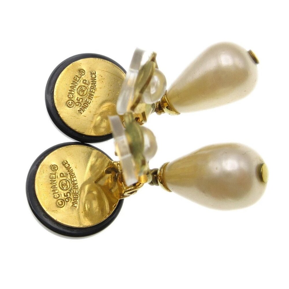 Chanel Artificial Pearl Dangle Earrings Clip-On Black 95P 24750 - Picture 2 of 4